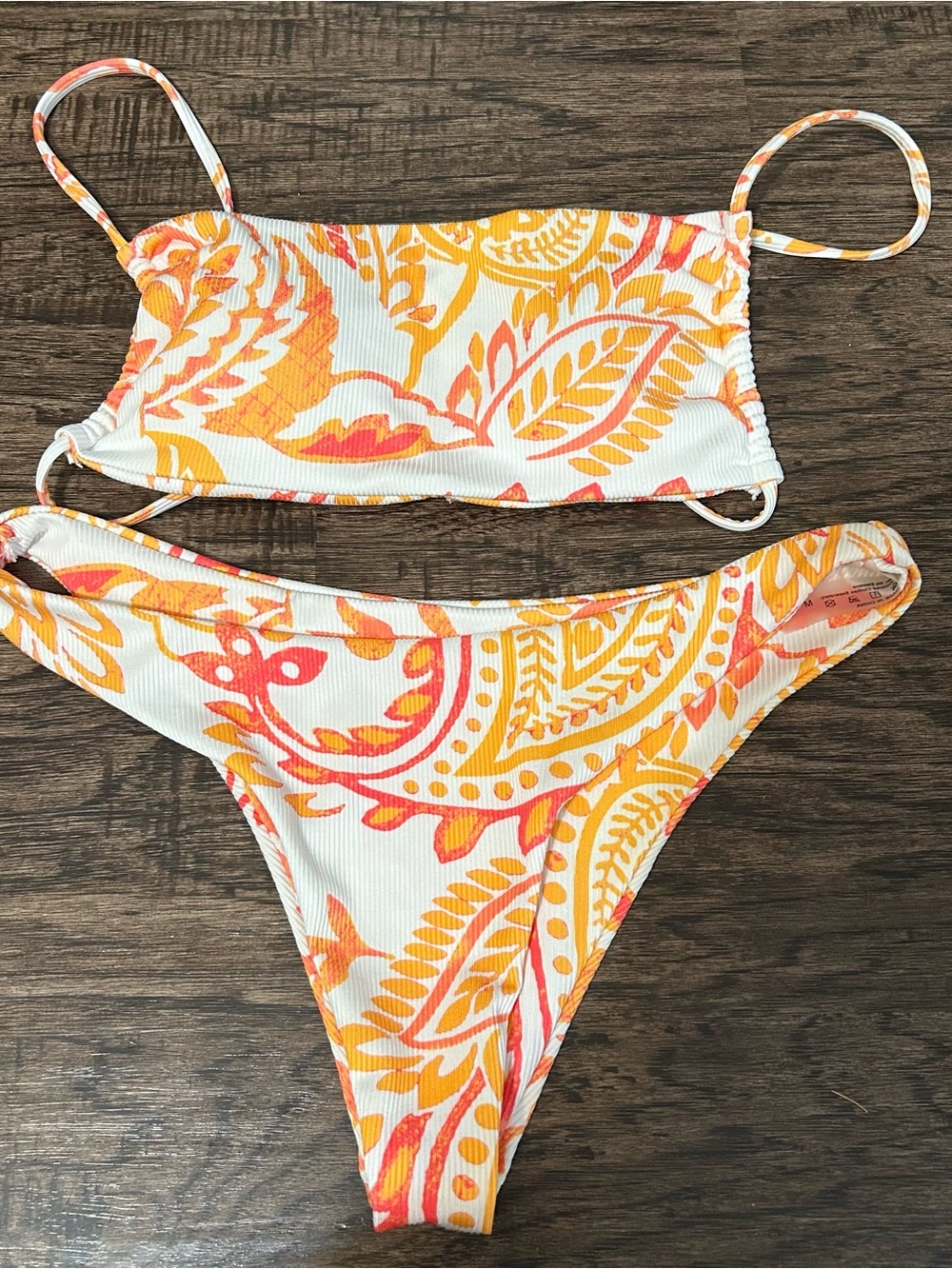 SHEIN Women’s Paisley Ribbed Bikini Sz M White Orange